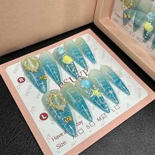 10 pcs Handmade Press on Nails,Hawaiian Magnetic（Cat Eye）blue ocean nails Fake Nails,The effect is just like a salon manicure French Full Cover False Nails,Salon Grade Manicure stiletto Size M - Image 1