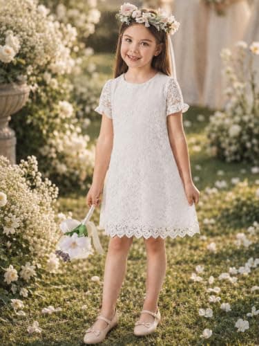 ALLOVIN Girls & Toddlers Graduation Soft Lace A-Line Short Sleeve Birthday Party Flower Girl Dress Wedding Communion | White | 3T - Thumbnail 2