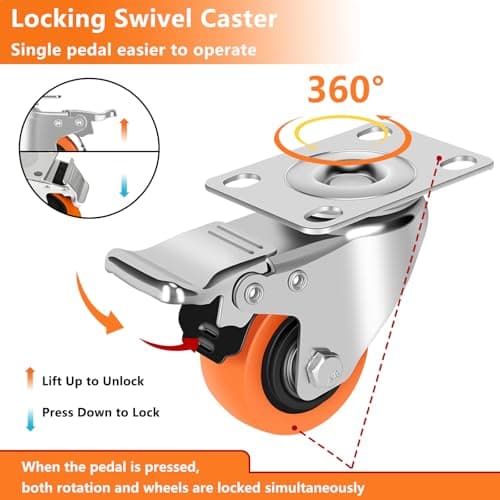 ASRINIEY Caster Wheels, 2" Casters Set of 4 Heavy Duty - Locking Casters Orange Polyurethane Wheel, Swivel Plate Caster with Brake, Non-Marking Castor Wheels for Carts Furniture and Workbench - Thumbnail 2