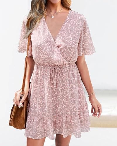 KIRUNDO Womens Summer Dresses 2026 Casual Spring Short Sleeve V Neck Ruffle Floral Print High Waist Belted Flowy Mini Dress(X-Large, Pink) - Thumbnail 3