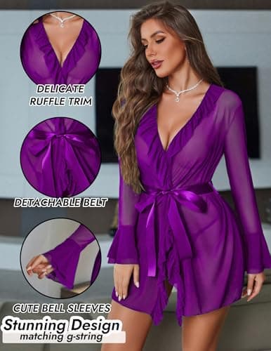 Avidlove Mesh Lingerie Robe Sets for Women Sexy Nightgown Long Sleeve Kimono Ruffle Nighty With Thong （ Purple, M - Thumbnail 3