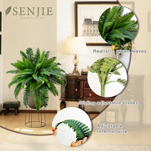 Senjie Artificial Boston Fern 2 Set Large 55 Branches Fake Ferns for Outdoors 35Inch Faux Plant for Home Living Room Office Decor - Thumbnail 6