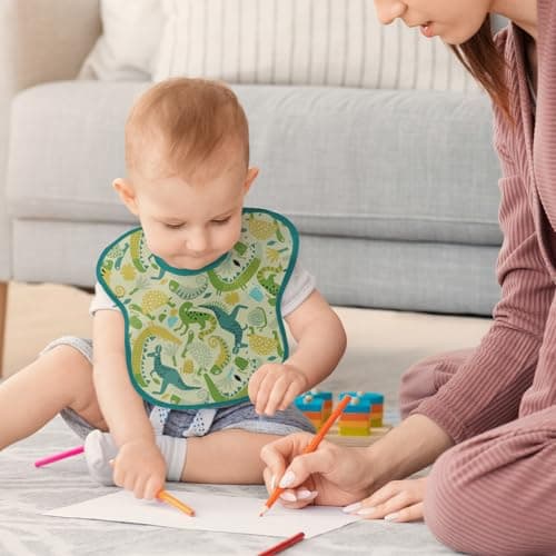 CIVARUA KIDS 3-Pack Waterproof Baby Bibs for Eating - Mess Proof Lightweight Toddler Feeding Bibs with Large Food Catcher, Food-Grade Baby Eating Essentials, Easy to Put On & Clean(Green Animals) - Thumbnail 6