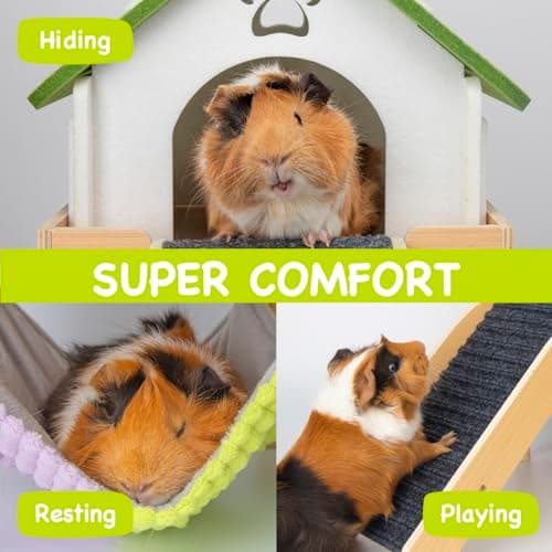BESNEW 3 in 1 Enlarged Guinea Pig Hammock,Wooden Guinea Pig Hideout with House & Platform & Stairs Small Animal Toys for Hiding Sleeping Activities - Thumbnail 3
