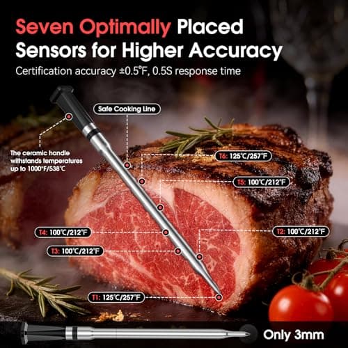 BBQOVN Smart WiFi Wireless Meat Thermometer, Sub-1G 656FT Range, 7-Sensor Probe, Standalone LED Base, IP68 Waterproof, APP Remote for BBQ Grill Smoker Oven - Thumbnail 3