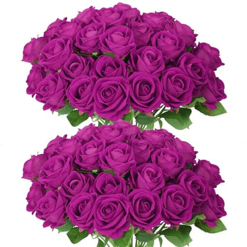 LetuoClips 50 PCS Purple Roses Artificial Flowers, Fake Purple Roses, Purple Artificial Roses with Stems for DIY Wedding Flowers Decoration, Valentines Roses, Wedding Decoration - Image 1