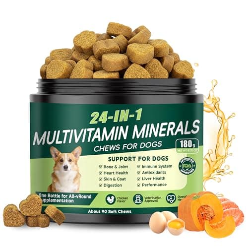24-in-1 Dog Vitamins and Supplements, Dog Multivitamin Chewable with Chondroitin Probiotics Omega-3 Glucosamine for Dogs Skin Coat Hip and Joint Heart Gut Liver Brain Eye Immune Support, 90 Chews