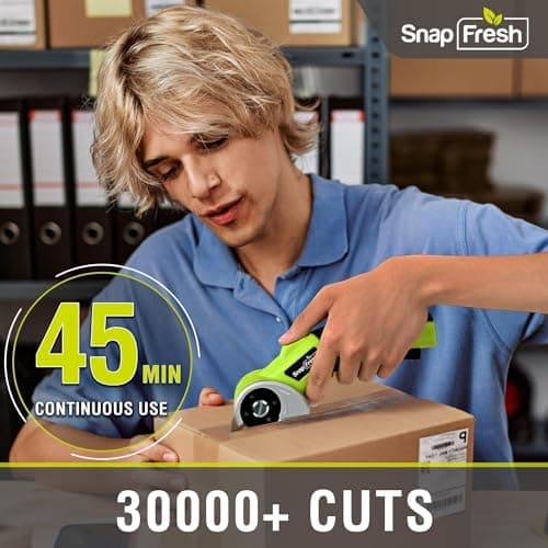 SnapFresh 4V Cordless Electric Scissors-Rechargeable Rotary Box Cutter w/ 2.0Ah Battery, 2 Self-Sharpening Blades, LED Light & Safety Lock,Carpet Cutter Tool for Cardboard, Fabric, Leather, Plastic - Thumbnail 2