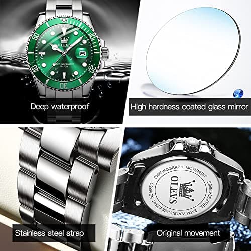 OLEVS Wrist Watch for Men with Day Easy to Read Luminous Dial Stainless Steel Waterproof Dress Classic Mens Silver Watches Serrated Bezel Green Dial para Mujer - Thumbnail 4