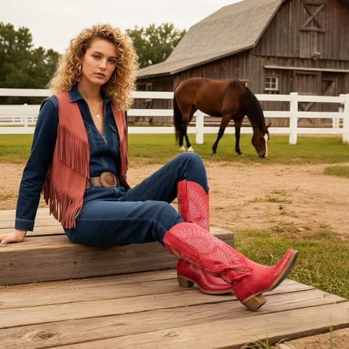 Erocalli Wide Calf Cowboy Boots Women Red Knee High Western Cowgirl Boots 2026 - Fashion Embroidered, Snip Toe, Pull On, Tall Boots, Low Heel, Music Festivals, Trendy Outfits - Thumbnail 5