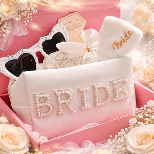 WOVOWOVO Bridal Shower Gifts for Bride To Be: Bachelorette Party Accessories Wedding Gifts - Bride Sash, Makeup Bag, Hair Clip, White Hair Bow, Sunglasses and Facial Headband - Thumbnail 3