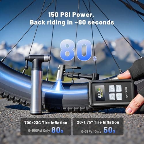 EXTOLINK Mini Bike Tire Pump,150PSI Inflate Electric Bike Pump with Gauge - Thumbnail 2