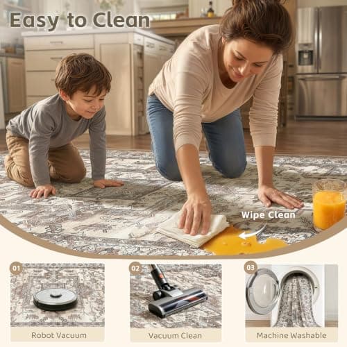 Jessibou 5x7 Area Rugs Living Room: Washable Vintage Rug Large Non-Slip Stain Resistant Ultra Soft Low Pile Pet Kids Friendly Carpets for Bedroom Dining Room Nursery Home Office Decor - Light Brown - Thumbnail 3