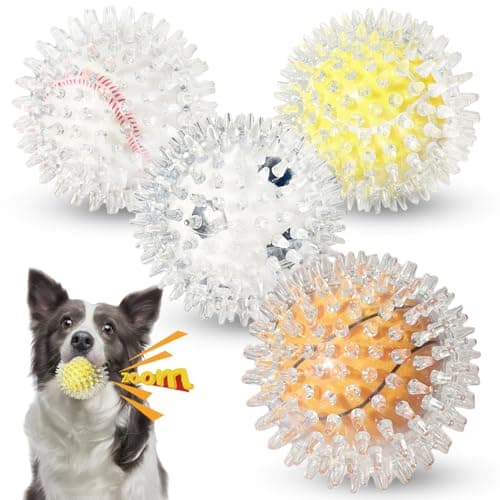 MOSYZEO 4 Pack Squeaky Dog Toy Balls - 3.54" Durable Spikey Balls for Aggressive Chewers, Tough Natural Rubber Interactive Fetch Toys for Medium & Large Dogs, Dental Care Teething Balls - Image 1