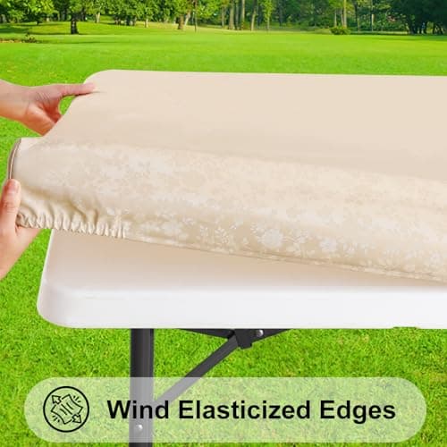 Smiry Rectangle Picnic Table Cloth, Elastic Waterproof Fitted Heavy Duty Vinyl Tablecloths, Wipeable Washable Table Covers for Kitchen, Dining, Camping, Outdoor (Beige, 30" X 72") - Thumbnail 2