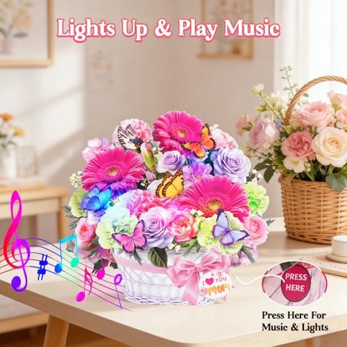 MZD8391 Mothers Day Card with Music & Lights, 3D Pop Up Mother's Day Cards, Gerbera Daisy & Butterfly, 10 Inch Forever Flower Bouquet Birthday Gift for Wife, Women, Mom - Thumbnail 2