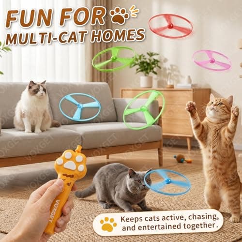 VOXGET Interactive Cat Flying Disc Launcher Toy, Rechargeable Disc Launcher with 8 Flying Discs, Enrichment Fetch Toys for Indoor Bored Kitten Adult Cats Hunting, Chase Toy for Dog Active Play(Yellow) - Thumbnail 3