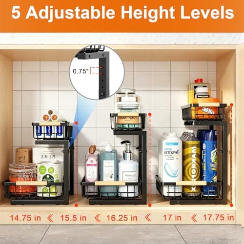 REALINN Under Sink Organizer, 2 Pack Height Adjustable Under Sink Organizers and Storage, 2 Tier Pull Out Drawer Cabinet Storage for Kitchen Bathroom - Thumbnail 4