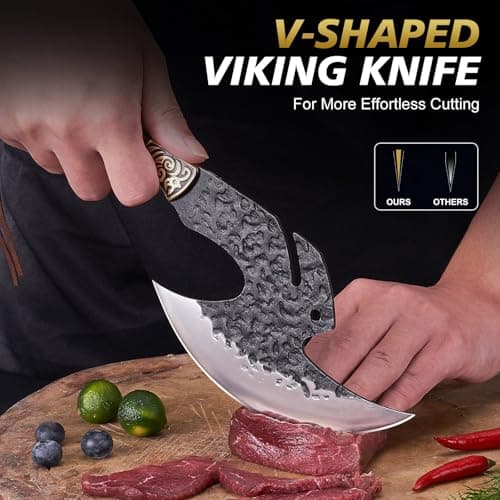 Topfeel Hand Forged Viking Knife 6.2" Meat Cleaver with Sheath, Chinese Kitchen Axe Boning Knife for Meat Cutting, High Carbon Steel Butcher Knife Home Outdoor BBQ Camping Birthday Gifts for Men Dad - Thumbnail 2