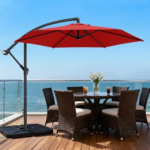 AreShark 10FT Patio Outdoor Umbrella, Offset Patio Umbrella Cantilever Umbrella, 6 Sturdy Ribs, Easy Adjustment for Garden Market Pool with Cross Base (Red) - Thumbnail 2