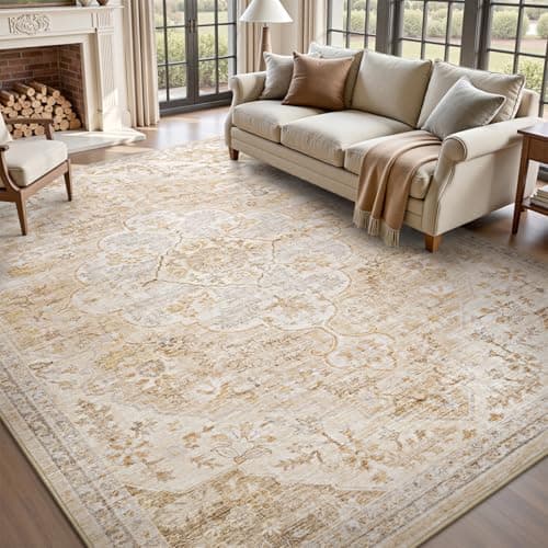 tchdio 8x10 Area Rugs for Living Room, Vintage Non Slip Washable Rug, Soft Low Pile Neutral Area Rug Large Floor Indoor Carpet for Bedroom, Dining Room, Office (Beige, 8'x10') - Image 1