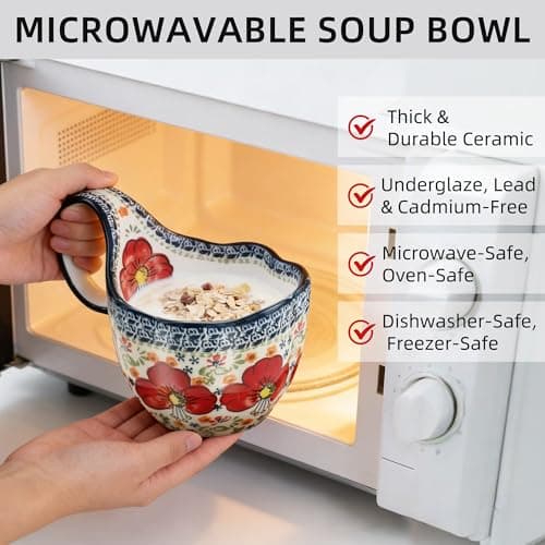ALMA 2026 Updated Soup Bowls With Loop Handles Microwave & Oven Safe, 18oz Handpainted Flower Soup Mug for Women, Decorative Ceramic Cereal Bowls For Soup,Fruits,Stew,Ice cream,Snack-Red Lily Theme - Thumbnail 5