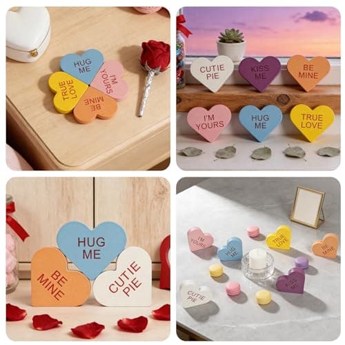 6 Pack Wooden Conversation Hearts Decor - Valentine Mantel Decor,Heart Signs for Home Shelf, Tiered Tray, Fireplace & Office Decorations - Thumbnail 2