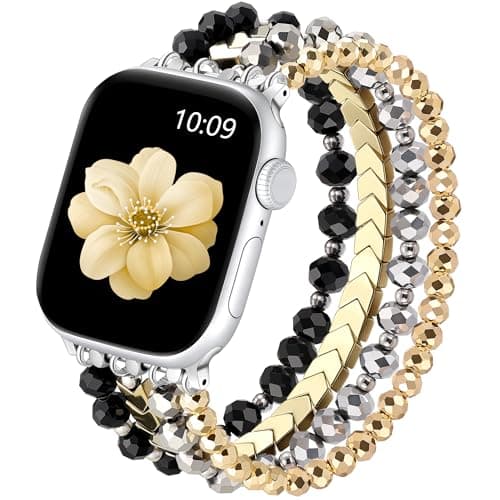 Lerobo Smartwatch Band Compatible with Apple Watch Band 42mm/41mm/40mm/38mm for Women Girl, Beaded Bracelet Dressy Stretchy Comfortable Strap for iWtach Series 11 10 9 8 7 6 5 4 SE 3 2 1, Black/Gold - Image 1