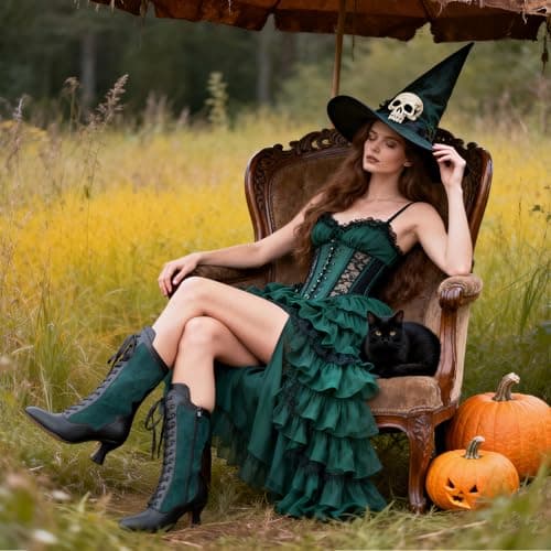Erocalli Women Mid Heels Witch Boots Green Halloween Cosplay Mid-calf Leather Boots - Lace Up, Fall Winter Boots, Medieval, Renaissance, Steampunk, Vintage Shoes - Thumbnail 3