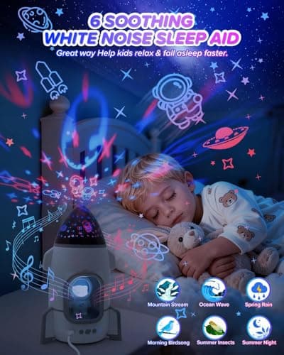 Rocket Night Light Projector for Kids Boys Toddlers Sensory Toys with Music&Films,Nightlight Lamp Astronaut Ceiling Star Projector 360° Rotation&Rechargeable,Birthday Gifts Kids Bedroom Room Decor - Thumbnail 3