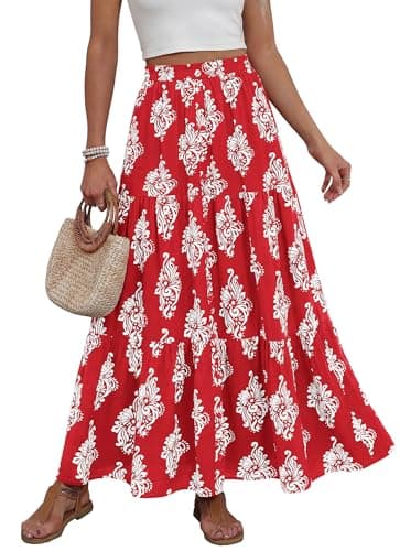 BTFBM Maxi Skirts for Women Summer Outfits Elastic High Waist A Line Boho Beach Vacation Cruise Floral Long Skirt 2026(Floral Red White Flower, XX-Large) - Image 1