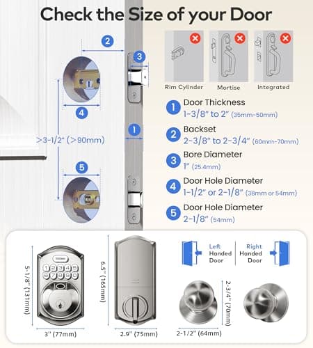TEEHO TE012W-K WiFi Smart Keyless Entry Door Lock with Handle, Fingerprint Door Knob & Digital Keypad, APP Remote Control, Works with Alexa & Google, Electronic Deadbolt for Front Door, Satin Nickel - Thumbnail 6