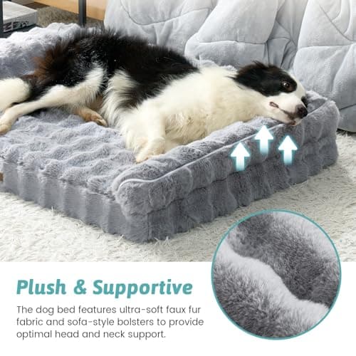 Faux Fur Orthopedic Dog Bed, Super Soft Large Dog Bed, Supportive Foam Bolster Pet Sofa with Waterproof Lining Cover, Washable U-Shaped Pet Couch with Anti-Slip Bottom Design, Grey XL 42x30x7 inch - Thumbnail 4