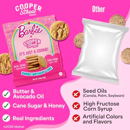 Cooper Street Snacks It's Just a Cookie - Thin & Crispy Butter Cookies, Nut, Soy & Seed Oil Free, School Safe For Kids Or Lunchbox For Adults - Barbie Birthday Cake - 12 Pack (1.25oz) - Thumbnail 6