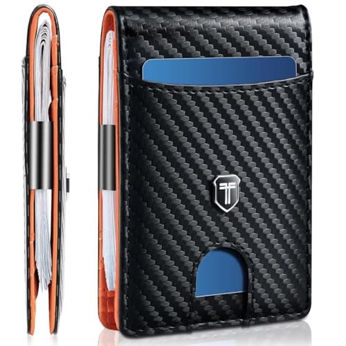 Gostwo Slim Wallet for Men, Minimalist Money Clip Card Wallet, RFID Blocking Bifold Mens Wallet, Front Pocket Credit Card Holder with ID Window, Gifts for Him, Carbon Black & Orange - Image 1