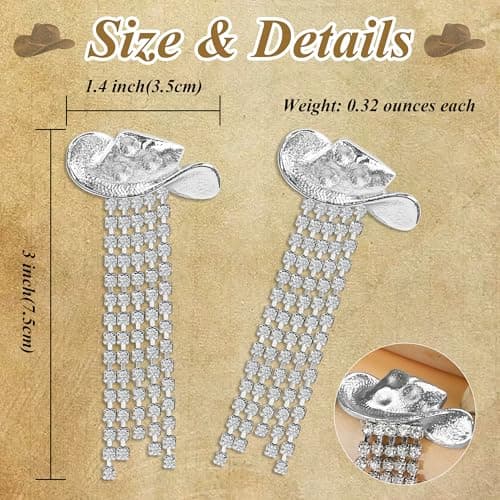 DAYANEY Cowgirl Earrings for Women Western, Silver Rhinestone Cowboy Hat Earrings as Cowgirl Chic Accessories Rodeo Outfit for Women, Sparkly Western Jewelry as Country Concert Disco Party Decorations - Thumbnail 6