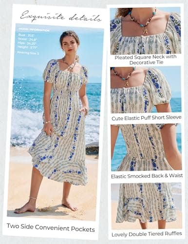 Kate Kasin Womens Casual Summer Square Neck Short Sleeve Dress, White Boho Smocked Maxi Dress, Floral Print Long Dresses with Pocket XL - Thumbnail 4