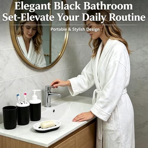 Matte Black Bathroom Accessories Set, 4 Piece Plastic Bathroom Toothbrush Holder Set, Soap Dispenser with Press-Lock, Toothbrush Holder, Soap Dish and Rinse Cup, Boho Bathroom Decor for Home Travel - Thumbnail 2