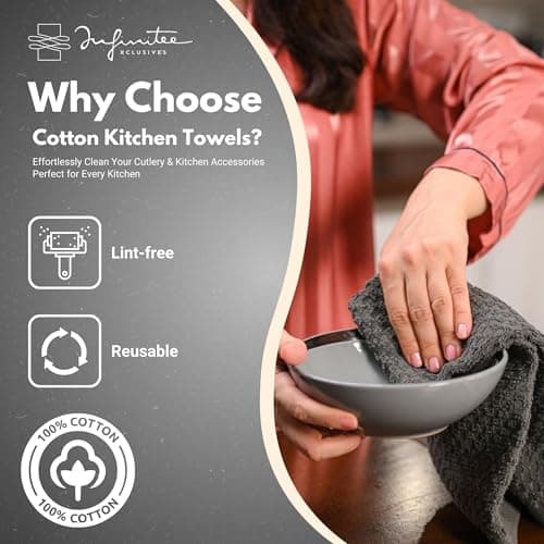 Infinitee Xclusives Premium Kitchen Towels – Pack of 3, 100% Cotton |15 x 25| Inches Absorbent Dish Towels - Terry Kitchen Dishcloth Towels - Grey Dish Cloth for Household Cleaning - Thumbnail 2