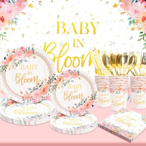 Gudvilla 169 Pcs Baby in Bloom Baby Shower Decorations for Girl , Its a Girl Baby Shower Plates and Cups and Napkins Sets, Pink Floral Plates Serves 24, Spring Summer - Image 1