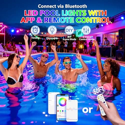 RGBIC Pool Lights 100FT - Plug-in Submersible LED Lights for Inground & Above Ground Pools, App & Remote Control, 16M Colors, Music Sync, IP68 Waterproof for Pool Party – Brighter Than Solar - Thumbnail 4