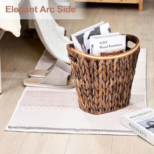 FairyHaus Wicker Waste Basket with Handle, Hand-Woven Water Hyacinth Trash Can for Bathroom Bedroom, Brown Wicker Storage 13 x 7.5 x12.2 - Thumbnail 6
