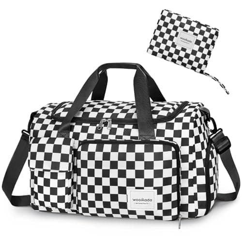 WOOMADA Foldable Travel Duffel Bag for Women, Weekender Bags with Shoes Compartment,Overnight Bag with Wet Pocket & Trolley Sleeve(black&white checkboard) - Image 1