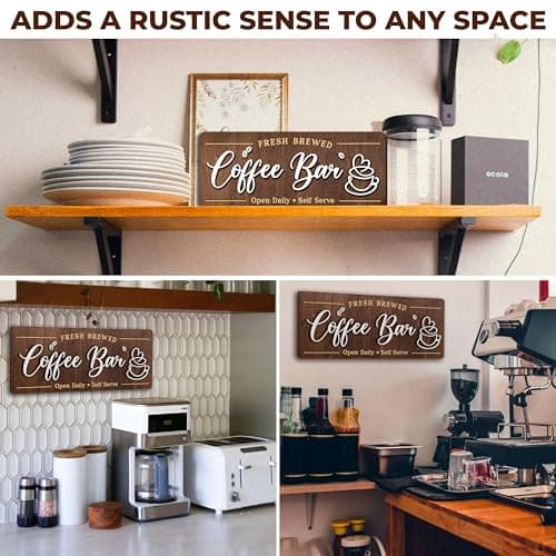 Woodamore Coffee Bar Signs for Wall Decor - Vintage Coffee Accessories for Cafe Station Signs Decorations, Small Farmhouse Cafe Sign for Home Decor Kitchen, Countertop - Thumbnail 4