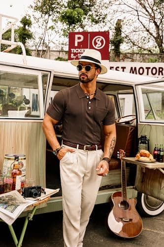 GRACE KARIN Mens Retro Polo Shirt Short Sleeve Coffee Knit Polo Shirts Casual Breathable Waffle Texture Knitted Polo Shirts L - Thumbnail 5