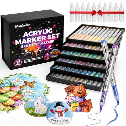 realcolor 72 Colors Acrylic Paint Markers, Soft Brush Tip Acrylic Paint Pens Paint Markers for Wood, Stone, Canvas, Glass, Fabric, Egg, Rock Painting, and DIY Crafts Non-Toxic, Art Supplies - Image 1