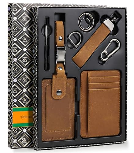 Teskyer Leather Gifts for Men, Premium Leather Gift Set with Slim Wallet, Travel Luggage Tag & Car Keychain, Elegant Gift Box for Father's Day, Birthday, Anniversary, Retirement & Graduation - Brown - Image 1