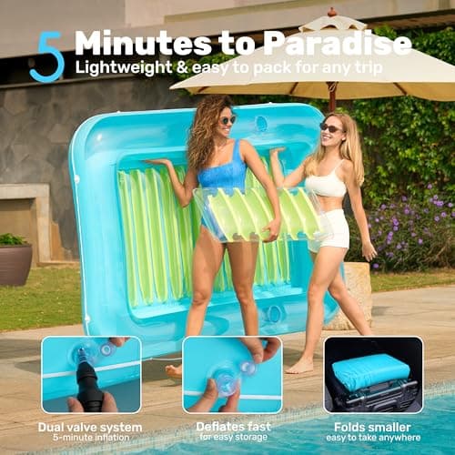 SLOOSH Inflatable Tanning Pool Lounger Float, 85" x 57" Extra Large Pool Floats Adult with Pillow, 4 in 1 Suntan Tub Raft Floatie,Sunbathing Bed Lounge for Water Blow Up Ball Pit, XL-Blue Green - Thumbnail 6