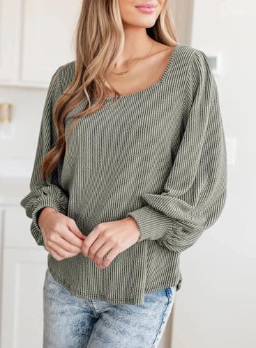 Dokotoo Womens Shirts Fall Casual Long Sleeve Square Neck Solid Pullover Ladies Waffle Striped Knitted Sweatshirt Womens Clothes Autumn Winter Tunic Blouses Green Large - Thumbnail 4
