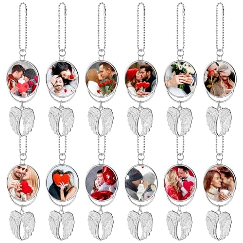 12 Pcs Angel Wings Sublimation Blanks – Double-Sided Sublimation Memorial Blanks | Holds 1.6" Round Photo – Aesthetic Design, Easy Print | DIY Keepsake & Gift Giving | Graduation Tassel Photo Charm - Image 1